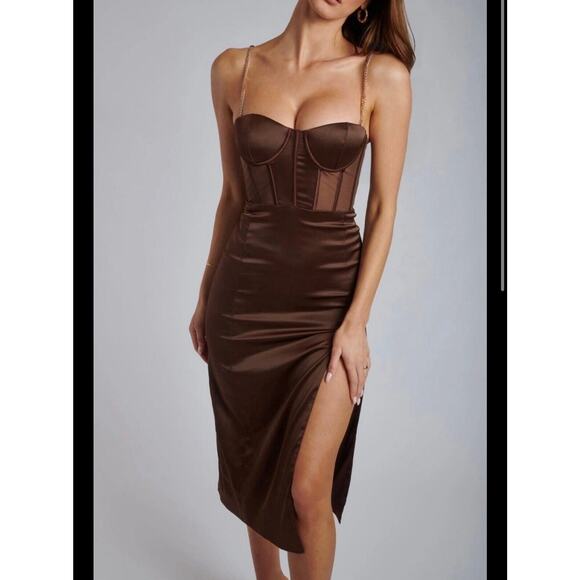 NWT Meshki Talisa Chain Strap Side Split Corset Midi Dress Brown M - Picture 2 of 4